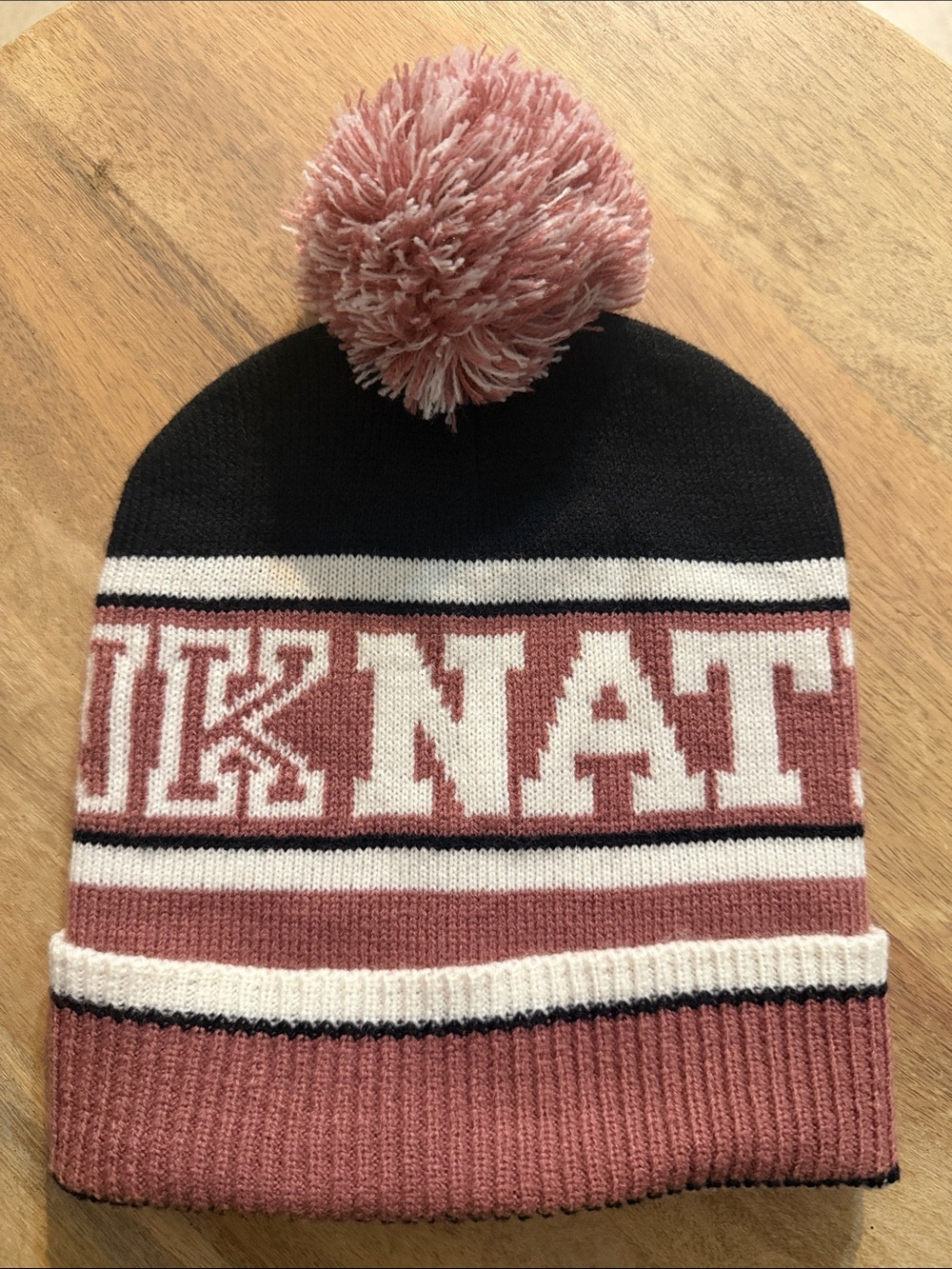 PINK Victoria's Secret Black and Dusty Rose Pom-Pom Knit Beanie